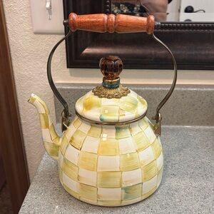 MacKenzie-Childs Yellow Checkered Enamel Whistling Teapot with Wood Handle